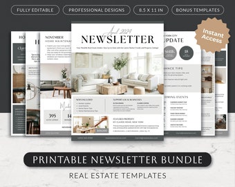 Printable Newsletter Template Bundle, Real Estate Marketing Kit, Realtor Monthly Mailer, Modern Realtor Flyer, Minimal Canva Poster Set