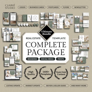 Pacchetto completo immobiliare, branding per agente immobiliare, pacchetto di modelli Canva per marketing per agente immobiliare, post sui social media, volantino stampabile