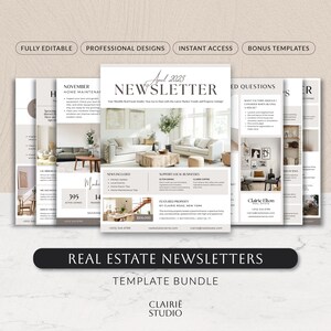 Pacote de modelo de boletim informativo para impressão, kit de marketing imobiliário, mala direta mensal para corretor de imóveis, folheto moderno para corretor de imóveis, conjunto mínimo de pôsteres Canva