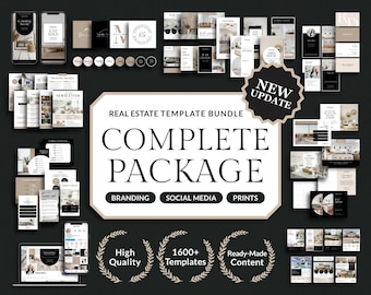 May include: A digital marketing template bundle for real estate agents. The bundle includes over 1600 templates for social media, branding, and print materials. The bundle also includes ready-made content and a buyer and seller guide. The text "Complete Package" is displayed in large, bold letters.