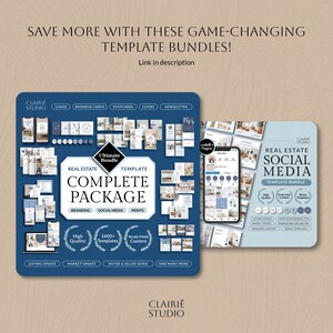 Może przedstawiać: Niebiesko-biała grafika z tekstem "Save More With These Game-Changing Template Bundles!" i "Real Estate Social Media Template Bundle". Grafika zawiera obrazy r&oacute;żnych szablon&oacute;w medi&oacute;w społecznościowych dla agent&oacute;w nieruchomości.