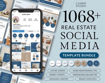 Navy Real Estate Social Media Template Bundle, Modern Realtor Editable Branding Kit, Minimal Real Estate Agent Instagram Post Canva Template