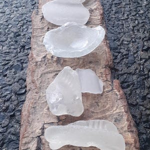 May include: A collection of clear, frosted sea glass pieces arranged on a piece of weathered wood. The sea glass varies in shape and size, with a smooth, translucent appearance. The wood has a rough, textured surface with shades of brown and red.
