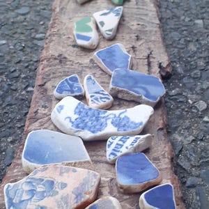 Può includere: Una collezione di frammenti di ceramica antichi di varie forme e dimensioni, disposti su un pezzo di legno stagionato. I frammenti presentano motivi floreali blu e bianchi e sezioni blu piene, con alcuni accenti verdi.