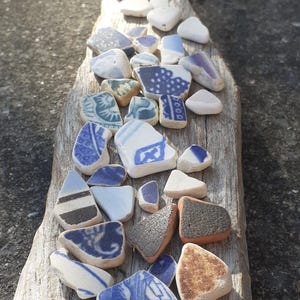 Puede incluir: Colección de fragmentos de cerámica marina de diversas formas y tamaños, dispuestos sobre un trozo de madera flotante desgastada. Los fragmentos presentan diseños azules y blancos, junto con algunas piezas beige y grises.