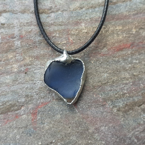 blue sea glass heart,  tiffany technique, soft soldered pendant, indigo pendant, blue pendant, heart necklace
