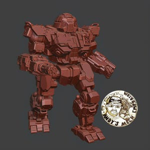 Op de afbeelding: Een donkerrood, onbeschilderd miniatuur robotfiguur met een meervoudig kanon aan de rechterarm en een afgerond hoofd. Naast de robot staat een rond logo met de tekst ANDY'S MECH EMPORIUM en een illustratie van een persoon met een bril.
