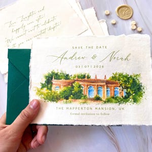 Custom hand painted watercolor save the date invite with venue illustration, wedding mansion,  castle or church portrait | Digital only