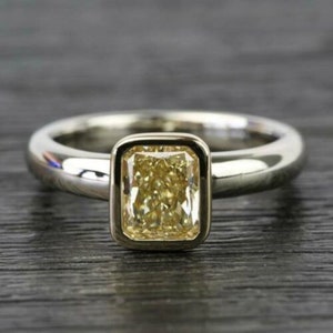 2.00Ct Radiant Canary Diamond Engagement Ring, Yellow Radiant Solitaire Ring, Bezel Set Party Wear Ring, Plain Shank Wedding Ring
