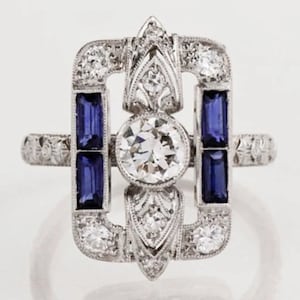 1.80Ct White Round Diamond Milgrain Engagement Ring, Antique Bezel Set Wedding Ring, Blue Baguette Diamond Ring, Unique Halo Ring