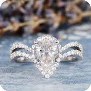 2.80Ct White Pear Diamond Wedding Ring, Halo Vintage Engagement Ring, Pave Split Shank Ring, Pear Stone Ring For Her
