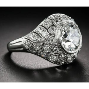 2.45Ct White Round Diamond Ring, Dome Shank Engagement Ring, Unique Bezel Set Anniversary Ring, Antique Round Halo Ring
