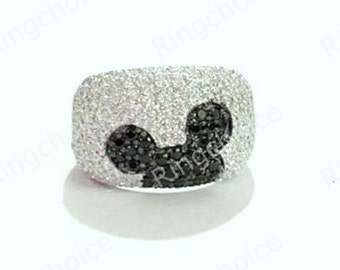 Disney Cartoon Black And White Diamond Ring, Mickey Mouse Face Engagement Ring, Mouse Wedding Promise Ring for Women