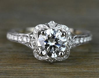 Edwardian 2.25Ct Round Cut Diamond Wedding Ring, Vintage Halo Engagement Ring, In 935 Argentium Silver, For Womens