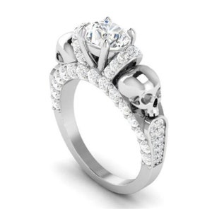 Two Skull Diamond Wedding Ring, Gothic Engagement Skull Ring, Party Wear Skull Gift Ring, Womens Skull Ring