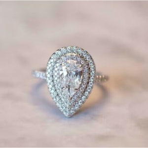 Double Halo Set Diamond Ring, Pear Diamond Wedding Ring, Dual Tier Teardrop Ring, Halo Accent Ring, Party Wear Ring