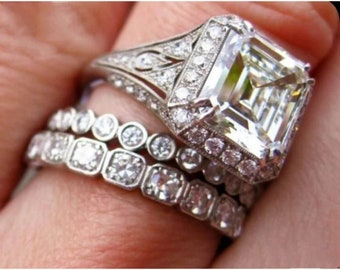 3.00Ct Asscher Diamond Trio Engagement Ring Set, Vintage Halo Bridal Wedding Set Ring, Trio Bridal Ring Set, Trio Bridal Silver Rings