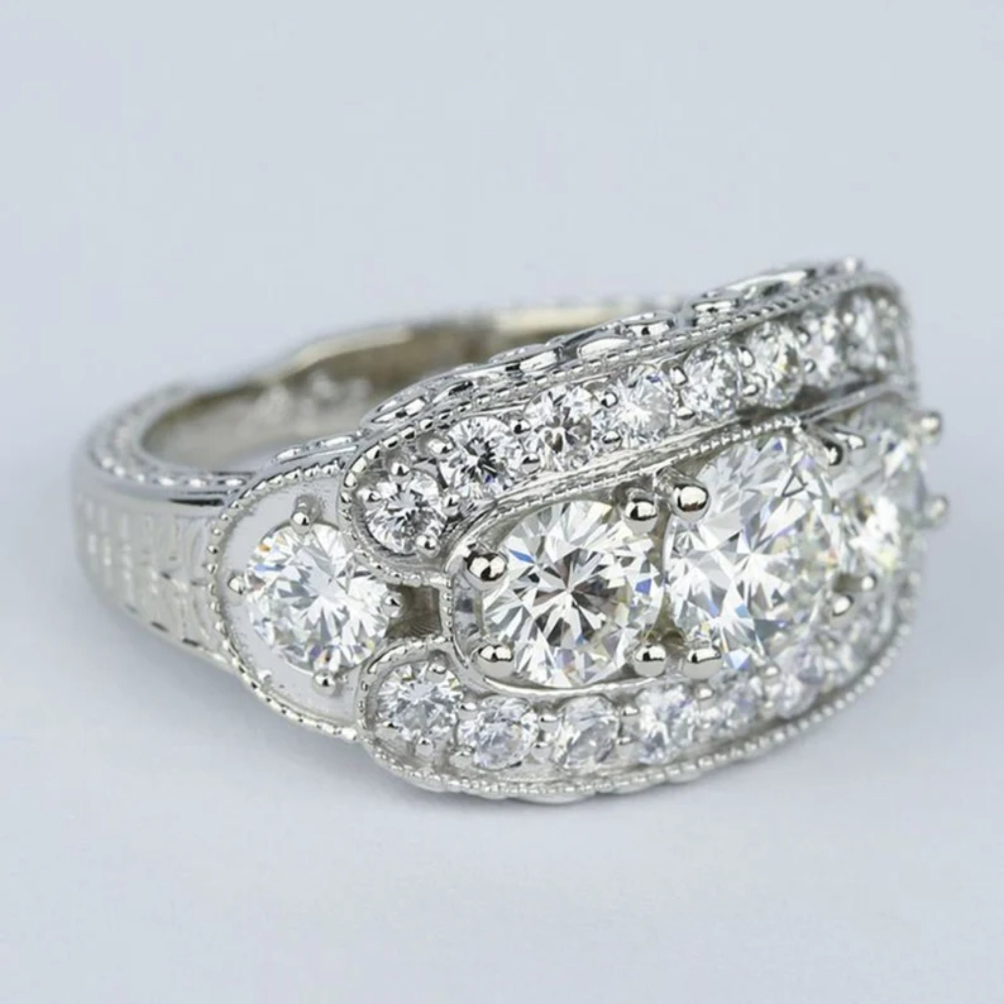 1930s Filagree Design Ring, 1.80Ct White Round Diamond Engagement Halo Ring, Vintage Three Stone Diamond Wedding Ring, For Women's