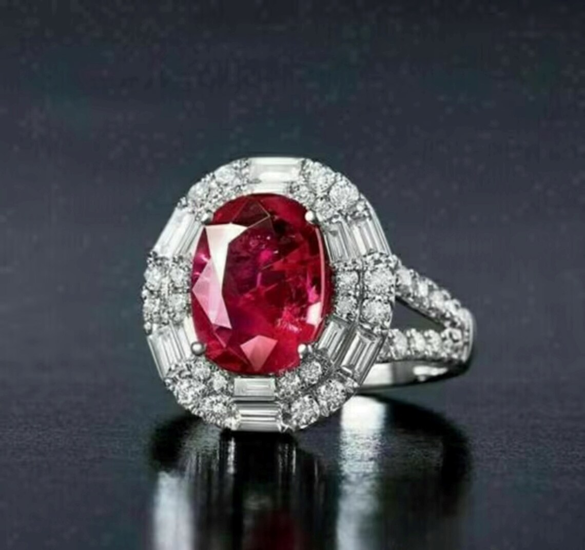 Oval Ruby Wedding Diamond Ring, Halo Ruby Princess Diana Ring, Vintage ...