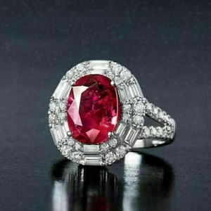 Oval Ruby Wedding Diamond Ring, Halo Ruby Princess Diana Ring, Vintage Diamond Split Shank Ring, Oval Pink Stone Ring