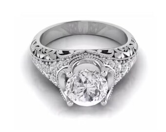 Round Diamond Filigree Designe Engagement Ring, Antique Crown Prong Set Wedding Ring, Unique Shank Argentium Silver Ring, Ring For Her