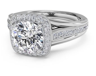 2.50Ct White Round Diamond Wedding Ring, Round Halo Engagement Ring, Vintage Style Ring , Argentium Ring For Women