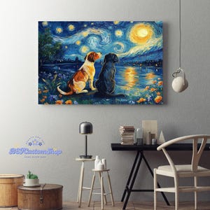 Van Gogh Starry Night With Dogs Framed Canvas, Unframed Poster, Starry Night Lover Gift, Dogs Canvas, Starry Night Wall Art