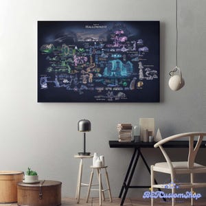 May include: A large, rectangular canvas print of a map of Hallownest, featuring a detailed, colorful illustration of various locations. The map is set against a dark blue background, with the title "MAP OF HALLOWNNEST" at the top. The print is displayed on a wall.