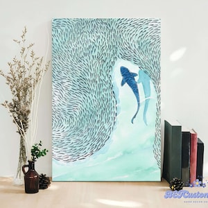 Blue Shark Framed Canvas, Ocean Animal Wall Art, Coastal Decor, Marine Life Poster, Blue Whale Shark Illustration