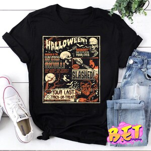 Vintage De Película De Terror Con plakat De Terror Para Halloween T-shirt, koszula czaszki, koszula Frankensteina, koszula Halloween