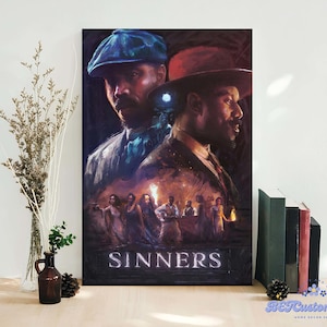 May include: A canvas print featuring two men in hats, one in a blue cap and the other in a red hat. The word "SINNERS" is at the bottom. The artwork has a dark, dramatic style with figures in the background.