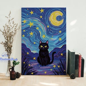 Lienzo enmarcado con un gato y un cosmos arremolinado en el cielo nocturno, póster sin marco, regalo para amantes de la noche estrellada, póster de gato negro, decoración de pared con gatos