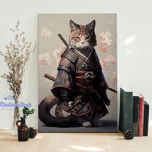 Japanese Samurai Cat Vintage Framed Canvas, Unframed Poster, Cat Poster, Samurai Lover Gift, Samurai Cat Wall Art Decor