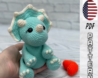 Dinosaur AMIGURUMI PATTERN. Crochet tutorial toys for beginners Dinosaur. Height 7 inches. English phototutorial. PDF File