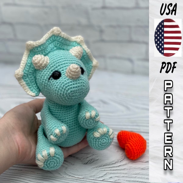 Dinosaur AMIGURUMI PATTERN. Crochet tutorial toys for beginners Dinosaur. Height 7 inches. English phototutorial. PDF File