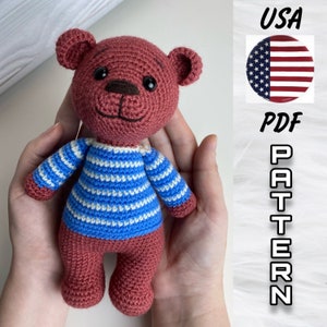 Bear AMIGURUMI PATTERN. Crochet tutorial toys for beginners. Bear in a sweater. Height 7,8 inches. English phototutorial. PDF File