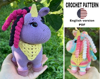 Unicorn Amigurumi pattern. ENGLISH Crochet pattern unicorn. PDF+4 Videos. Height 7 inches