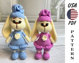 Amigurumi Bunny pattern. Crochet pattern Sleepy Bunny. ENGLISH PDF. Height 7 inches  English Crochet pattern bunny doll. PDF File