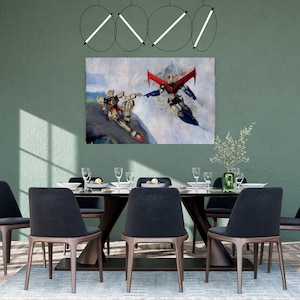 May include: A painting of two robots, one in a red and black suit, the other in a brown and white suit, with a blue sky and white clouds in the background.