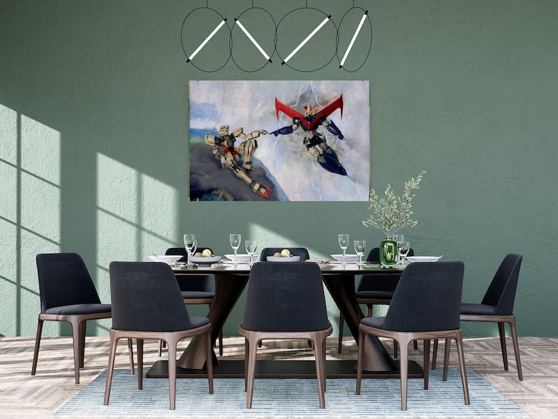 May include: A painting of two robots, one in a red and black suit, the other in a brown and white suit, with a blue sky and white clouds in the background.
