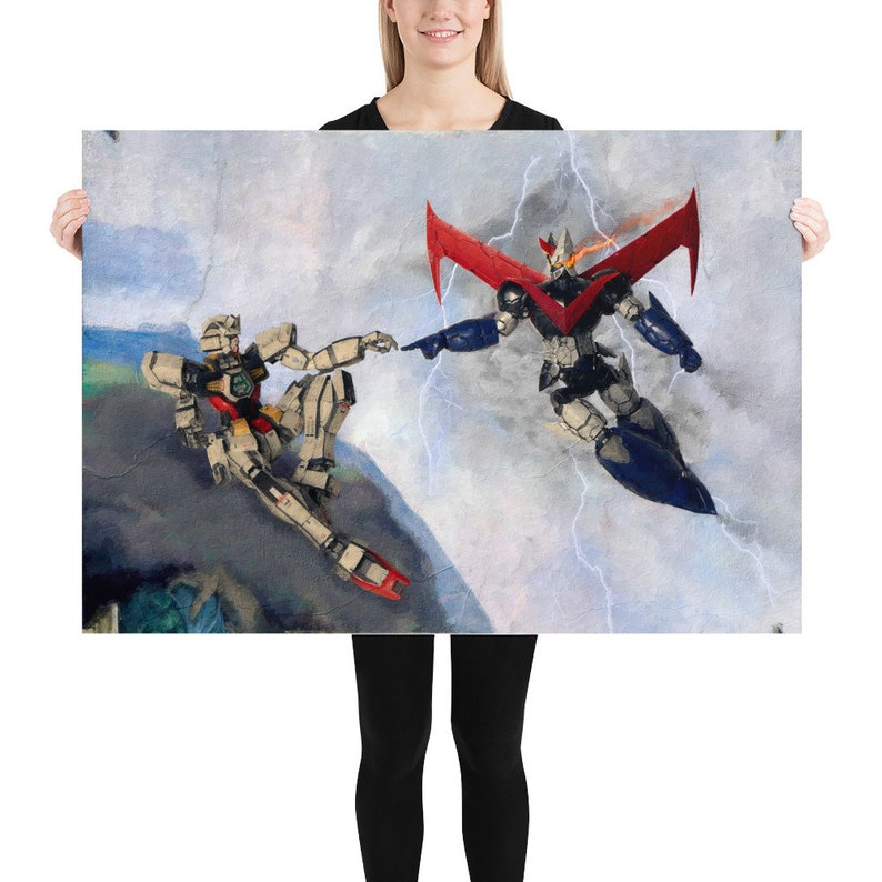 May include: A painting of two robots in a sky with lightning. The robots are reaching out to each other, mimicking the famous "Creation of Adam" painting. One robot is red, white, and blue, while the other is beige and brown.