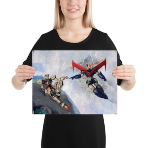 May include: A digital painting of two robots in a pose similar to Michelangelo's The Creation of Adam. The robot on the left is a white and beige robot with a red and blue chest plate. The robot on the right is a red, black, and blue robot with a large red wing. The robots are in a cloudy sky with lightning bolts.