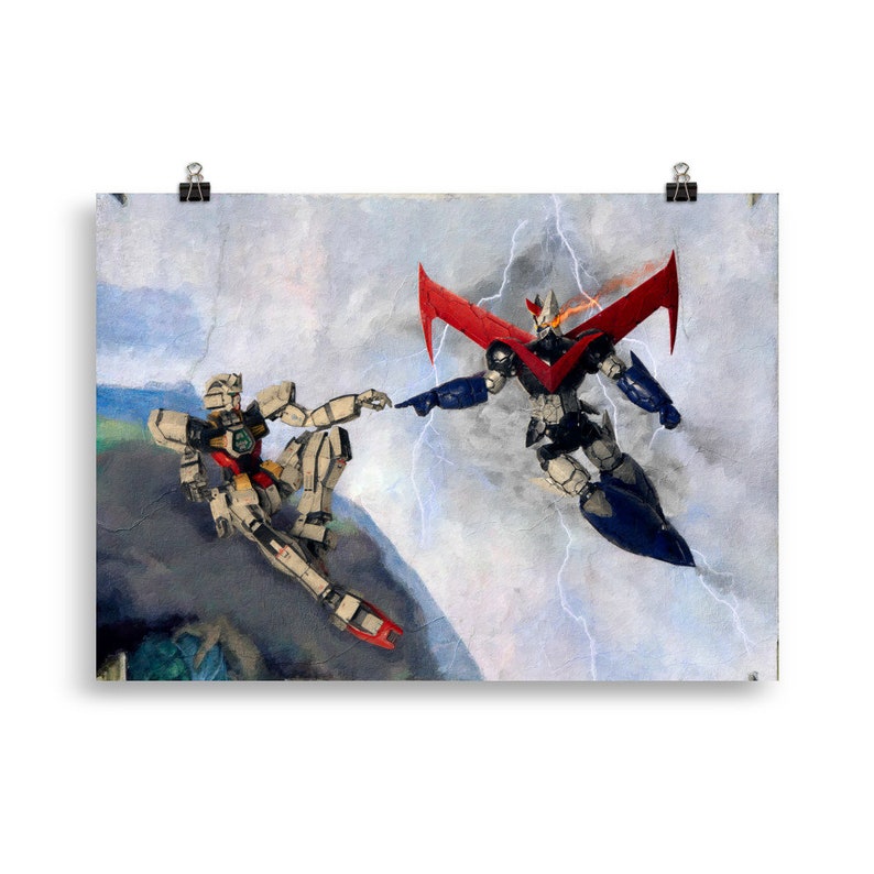 May include: A painting of two robots, one in a white and red suit and the other in a blue and black suit, reaching towards each other with their right hands. The robots are in a cloudy sky with lightning bolts in the background.
