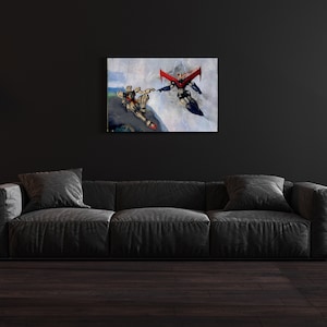 May include: A painting of a robot and a human figure reaching towards each other, inspired by Michelangelo's "The Creation of Adam".