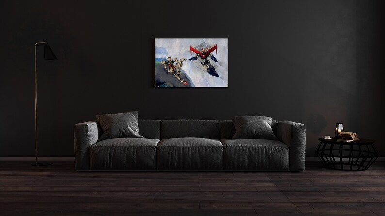 May include: A painting of a robot and a human figure reaching towards each other, inspired by Michelangelo's "The Creation of Adam".