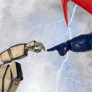 May include: A digital painting of two robots reaching out to each other, their hands almost touching. The robot on the left is beige and the robot on the right is blue and red. The background is a light blue with white lightning bolts.
