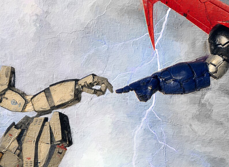 May include: A digital painting of two robots reaching out to each other, their hands almost touching. The robot on the left is beige and the robot on the right is blue and red. The background is a light blue with white lightning bolts.