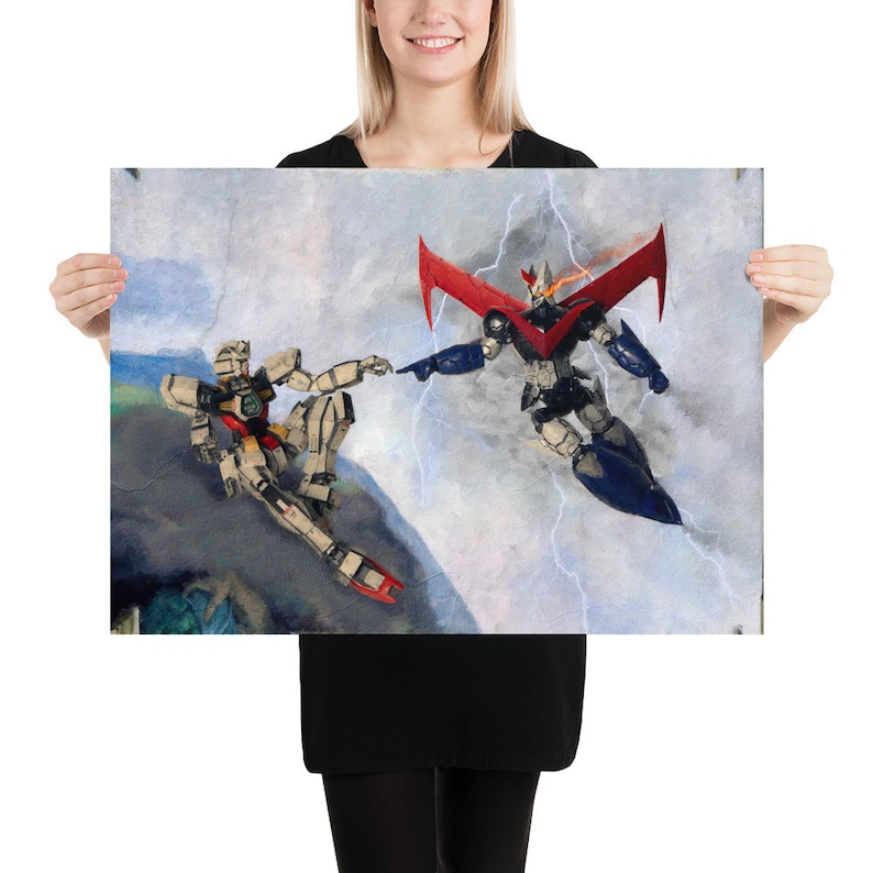 May include: A painting of two robots, one red and blue and the other beige, reaching out to touch each other's hands. The robots are in a cloudy sky with lightning bolts.