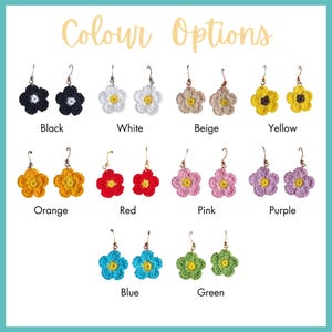 May include: Crocheted flower earrings in a variety of colors, including black, white, beige, yellow, orange, red, pink, purple, blue, and green.  The earrings are shown hanging from gold hooks.