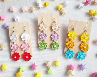 Handmade Crochet Floral Dangle Earrings: Custom Color Statement Jewellery
